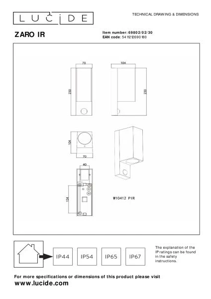 Lucide ZARO IR - Wandspot / Wandlamp Binnen/Buiten - 2xGU10 - IP65 - Beweging & dag/nacht sensor (uitschakelbaar) - Zwart - technisch